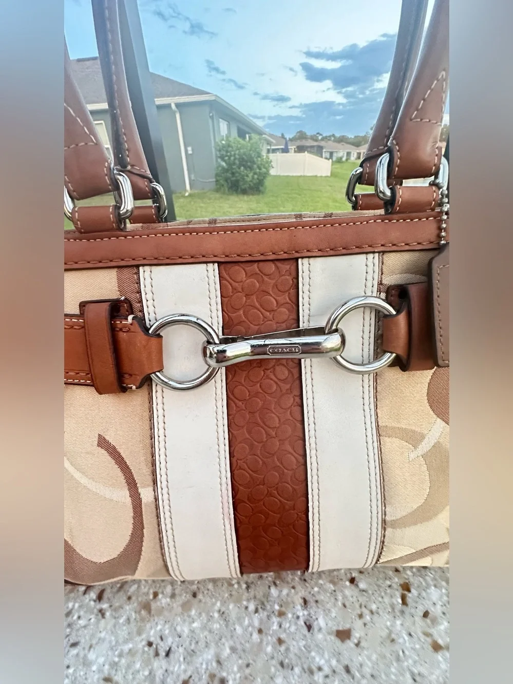 Coach Hamptons Optic Signature Stripe Carryall F13337, Brown and Cream